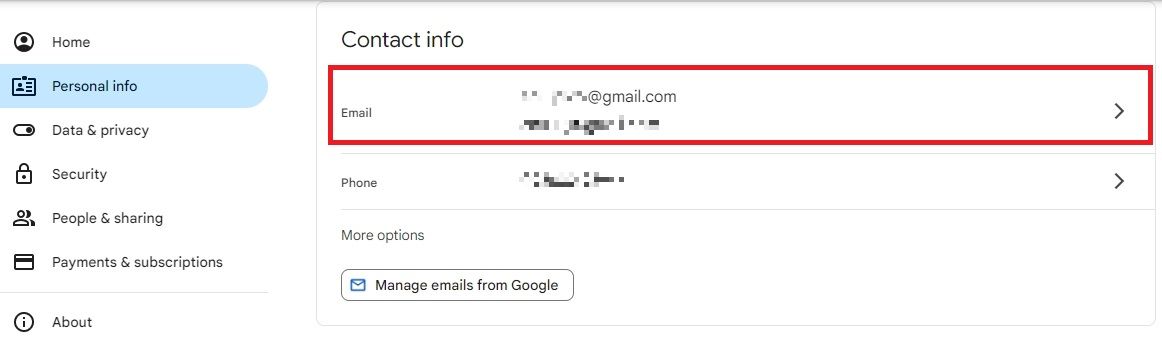 Screenshot highlighting the email address under Contact info Info in Gmail