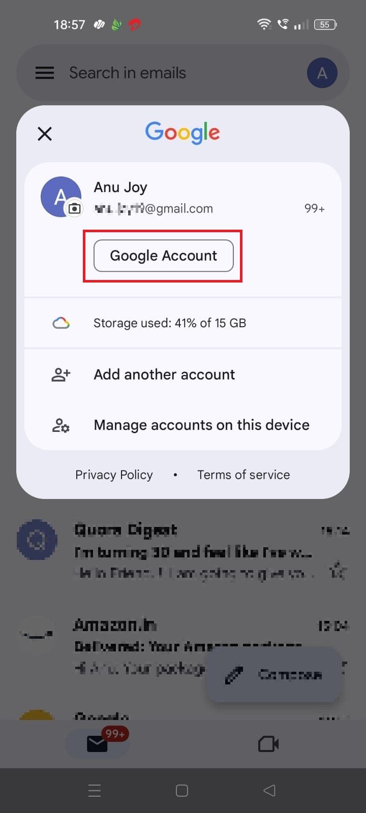 Screenshot highlighting Google Account in the Gmail mobile app