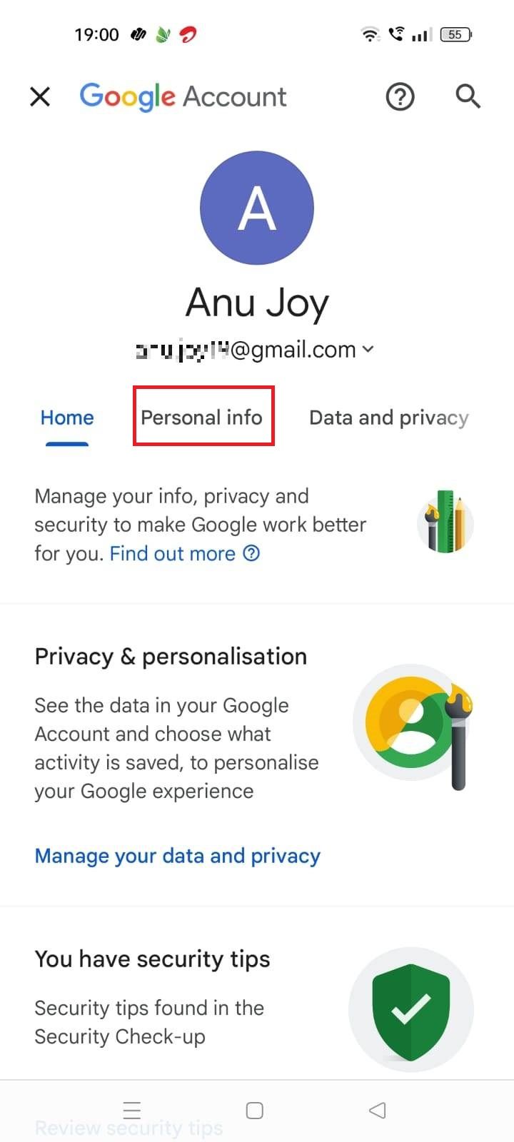 Screenshot highlighting Personal Info in the Gmail mobile app