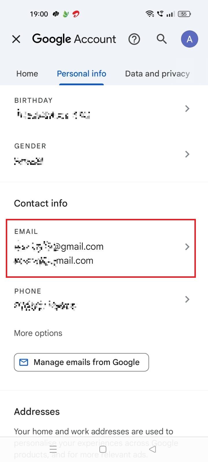 Screenshot highlighting Email under Contact Info in the Gmail app