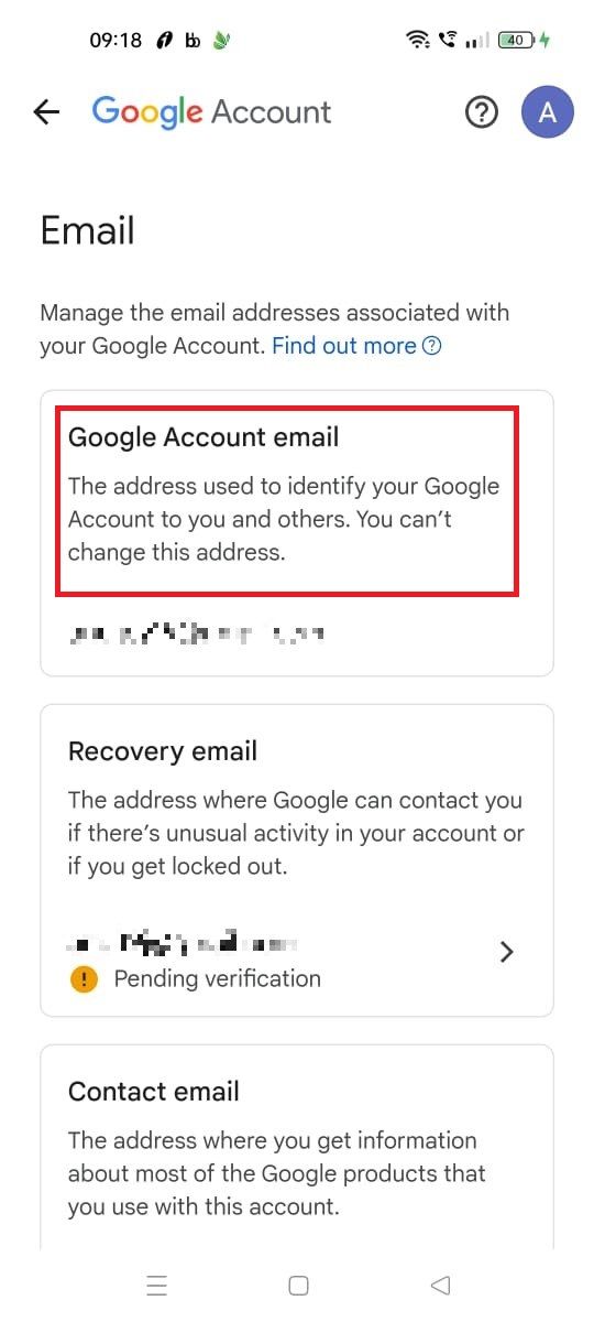 Screenshot highlighting Google Account email in the Gmail mobile app