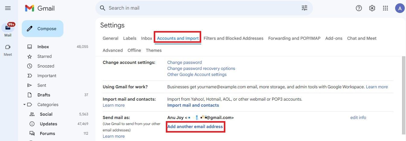 Screenshot highlighting Add another email address in Gmail