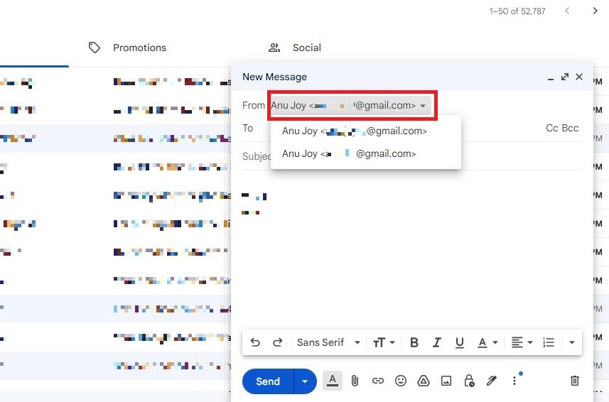 Screenshot highlighting the drop-down menu in the From field in Gmail