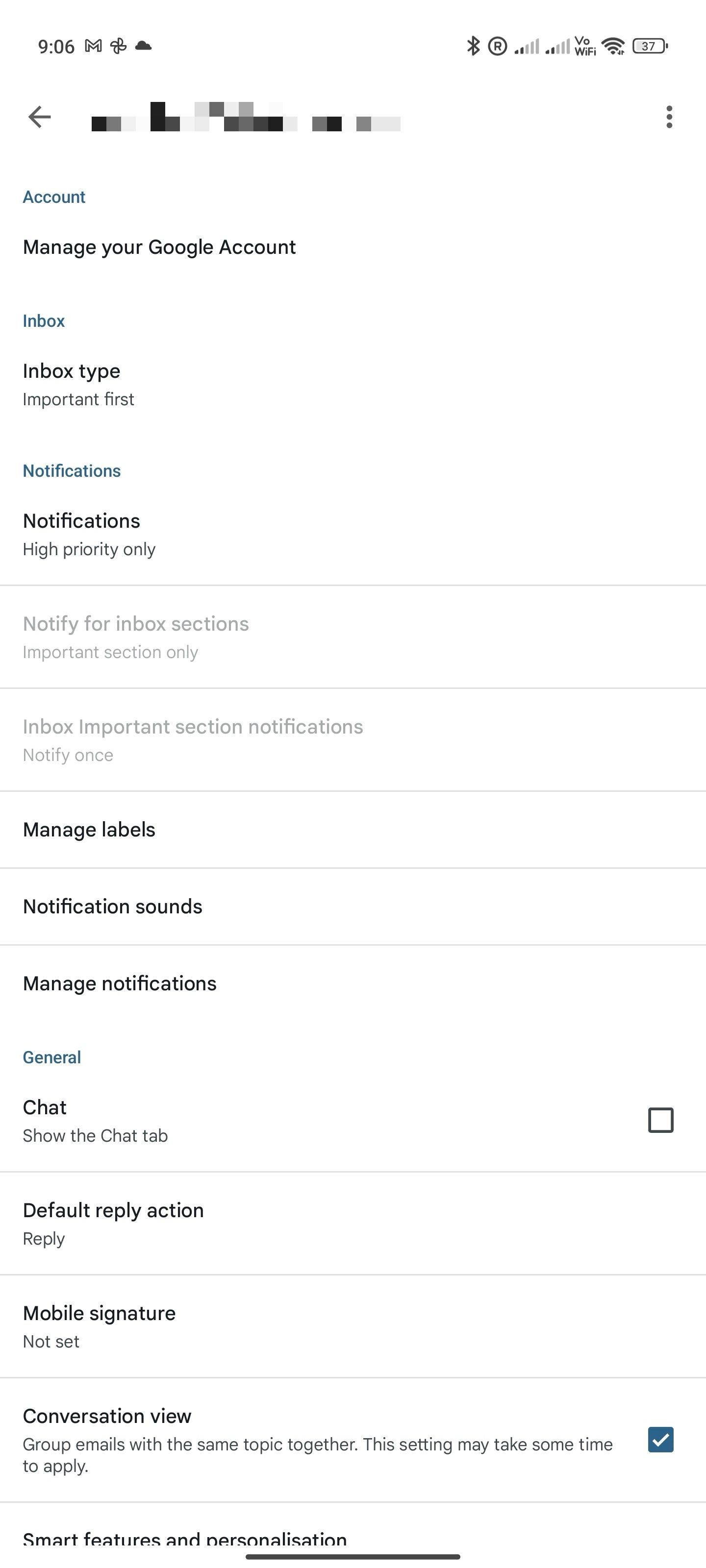 Gmail for Android account settings showing the notification section