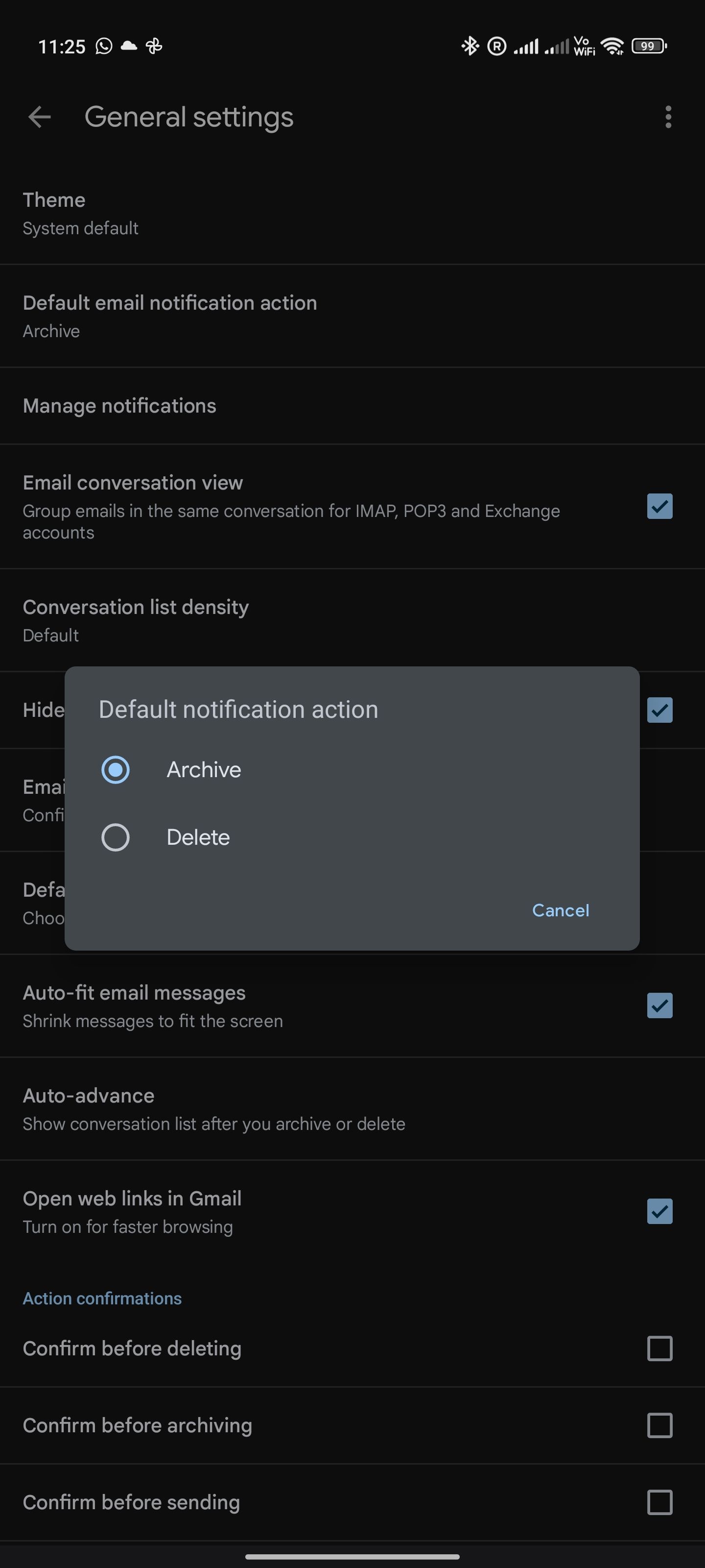 Gmail default notification setting action