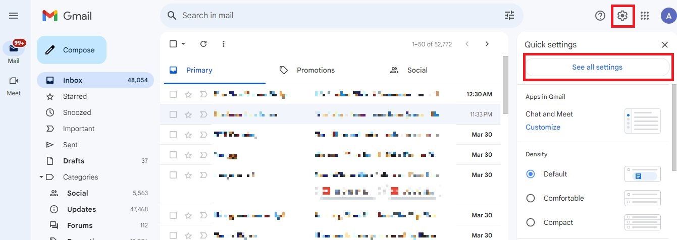 Screenshot highlighting See all settings in Gmail