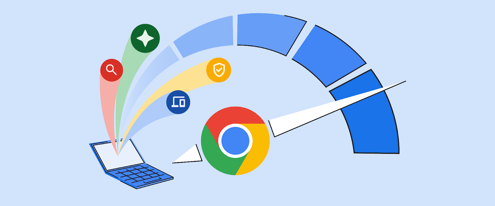 Abstract illustration of a laptop computer with a Chrome logo depicting an increased boost in performance on a gauge. 