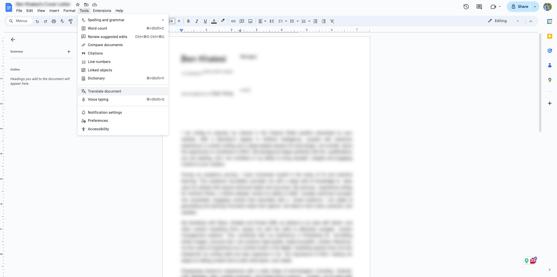 The image displays a Google Docs document opened to editing mode. The 'Tools' menu is open, showing various options like with 'Translate document' Selected. 
