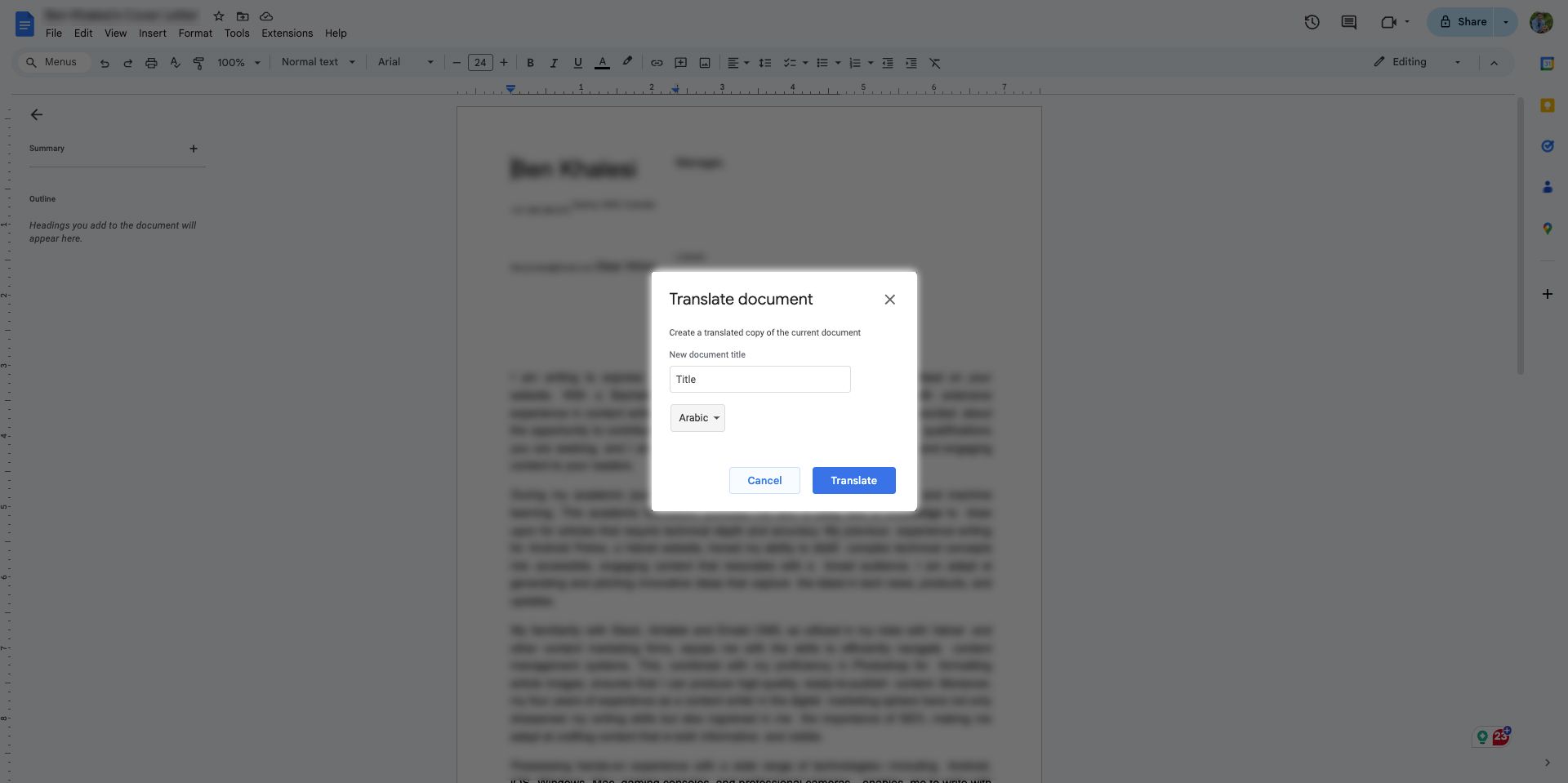 The image displays a Google Docs document with a dialog box titled "Translate document" in the foreground. The dialog box prompts to create a translated copy of the current document, with fields to enter a new document title and select a language.