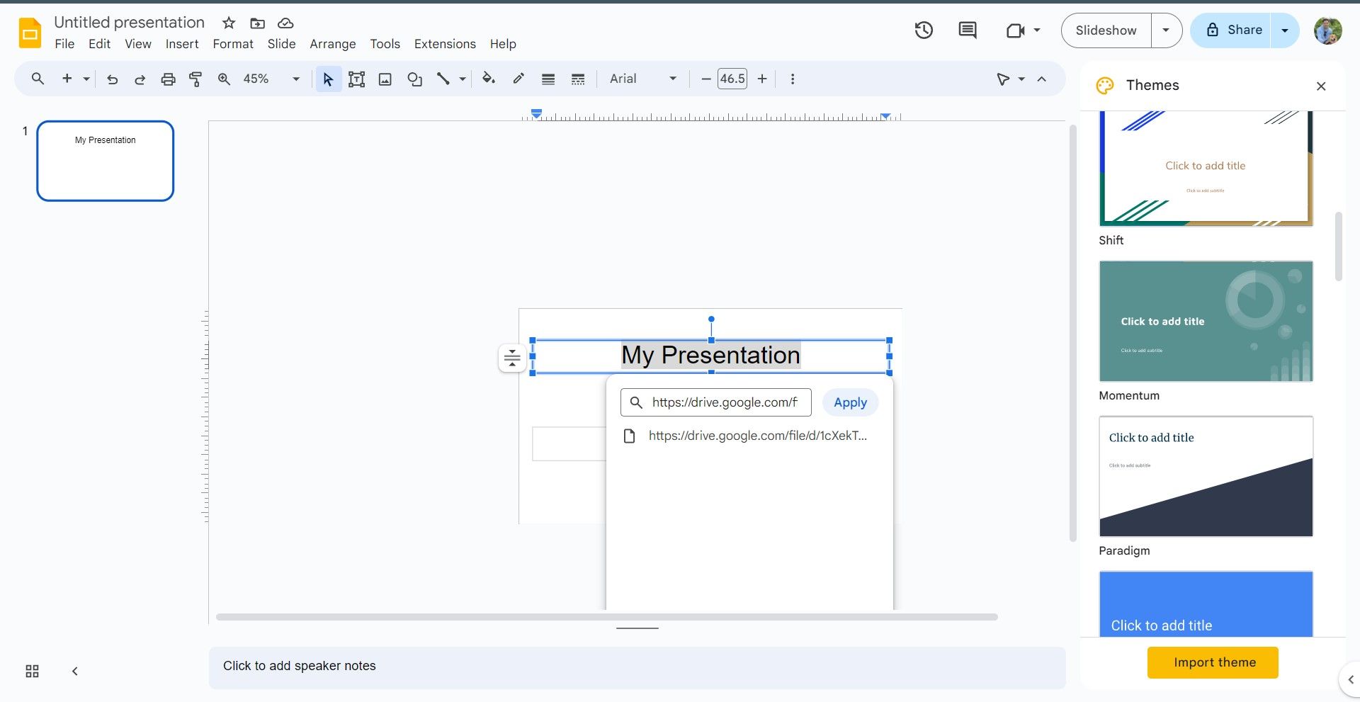 The image displays a Google Slides interface where a hyperlink is being added to text in a slide. The text "My Presentation" is highlighted, with a hyperlink input box showing a partially visible URL.