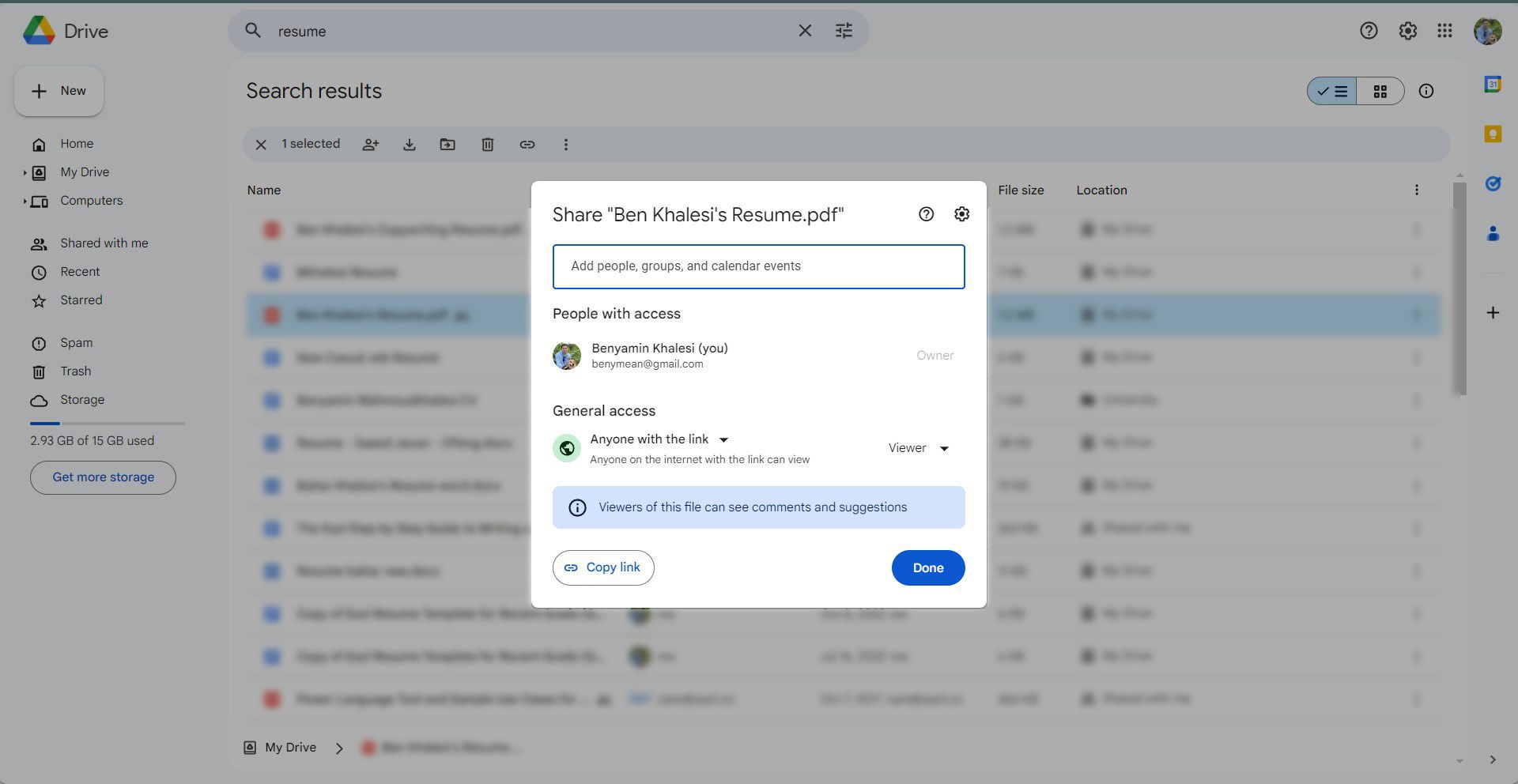 A sharing dialog box in Google Drive. It allows adding people or groups to share the document with and shows the current access settings, which are set to "Anyone with the link" as a viewer.