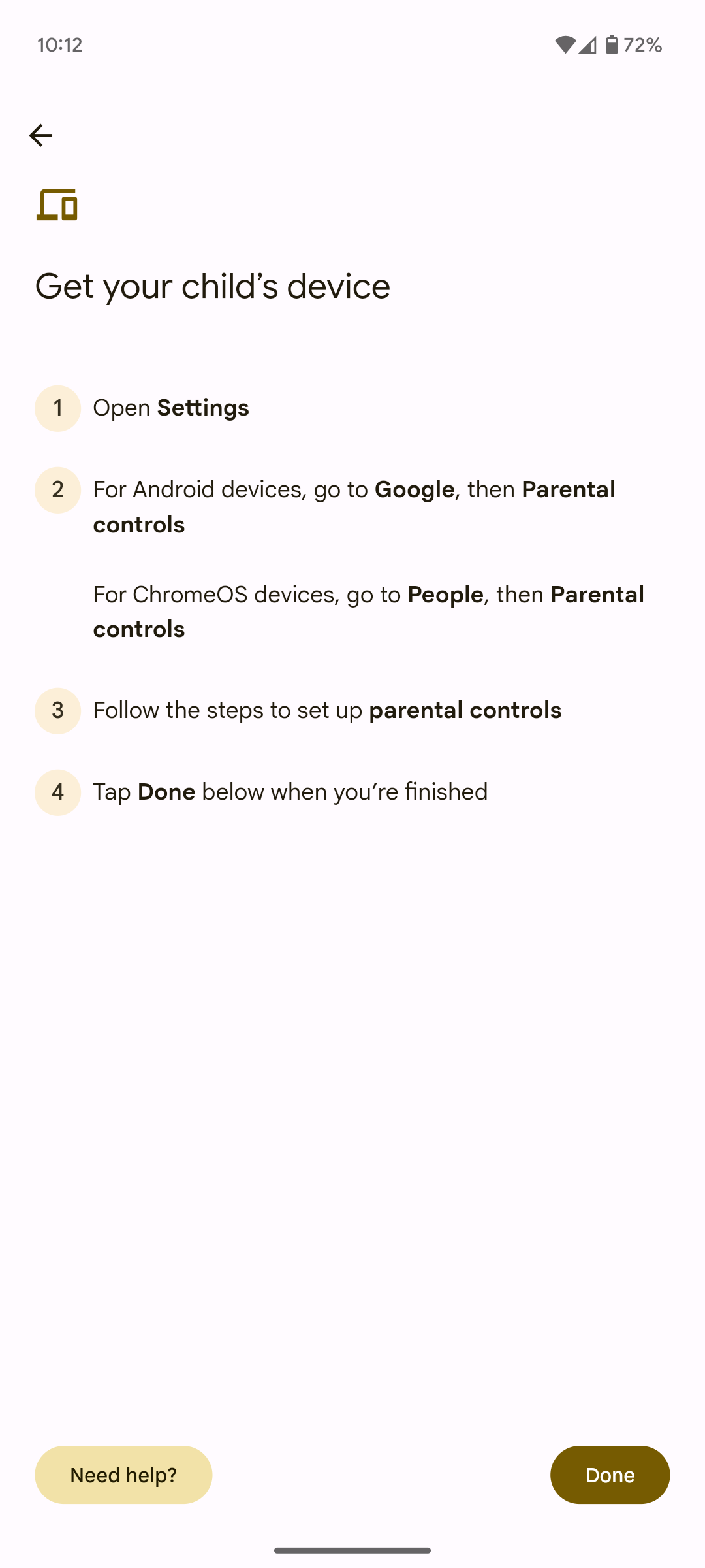 A screenshot of the onboarding screen in the Family Link app