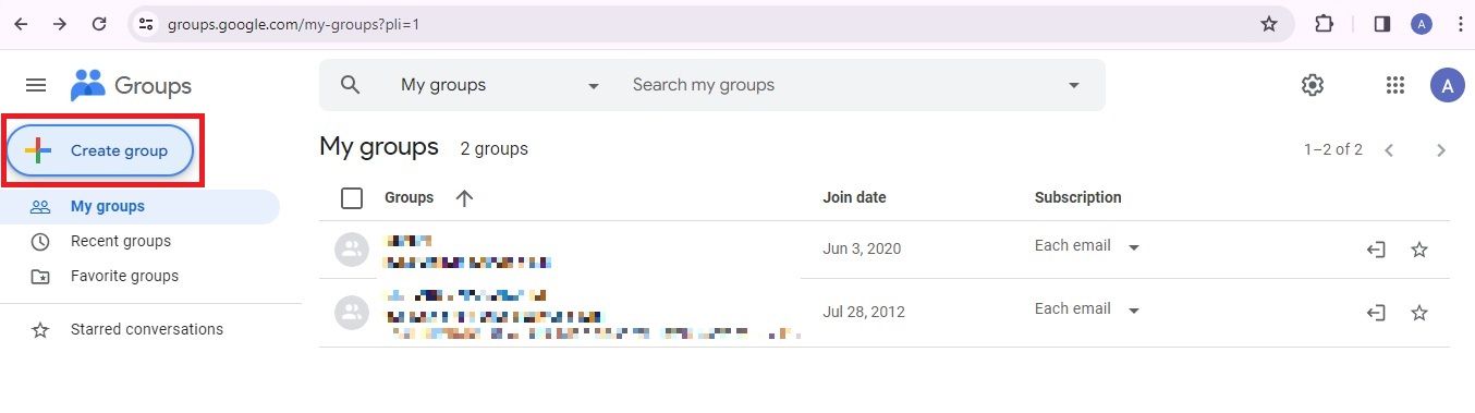 Screenshot highlighting 'Create group' in Google Groups