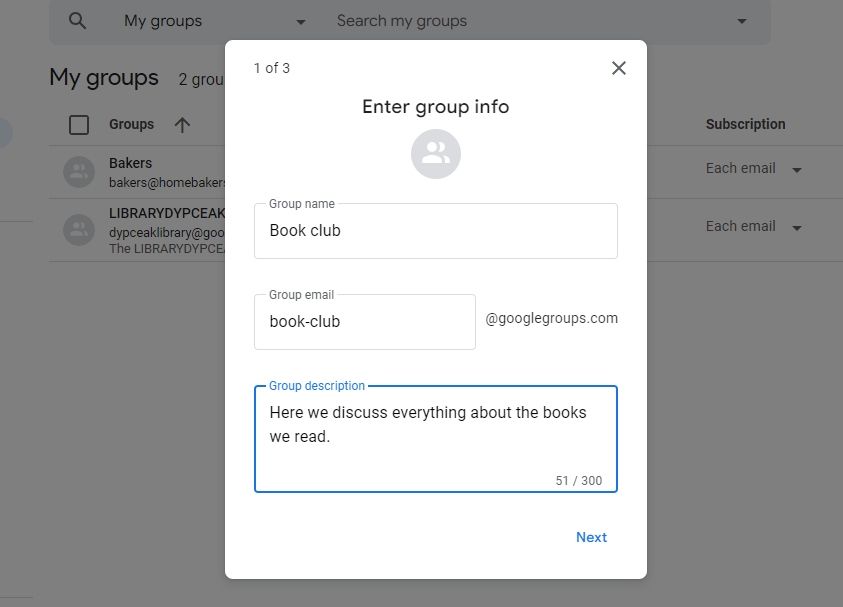 Screenshot showing the group info window in Google Groups