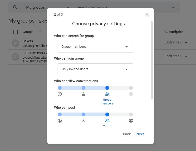 Screenshot showing the privacy settings in Google Groups