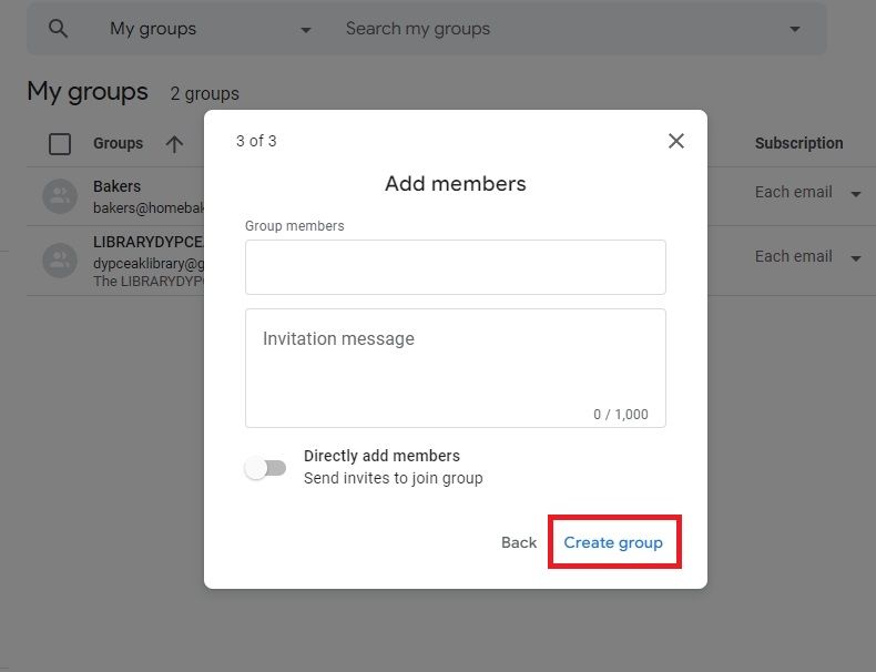 Screenshot highlighting 'Create group' in Google Groups