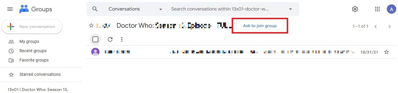 Screenshot highlighting 'Ask to join' in Google Groups