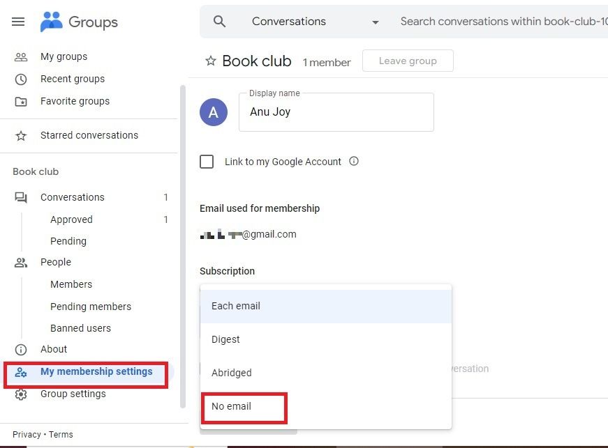 Screenshot highlighting the 'No email' option under 'My membership settings' in Google Groups