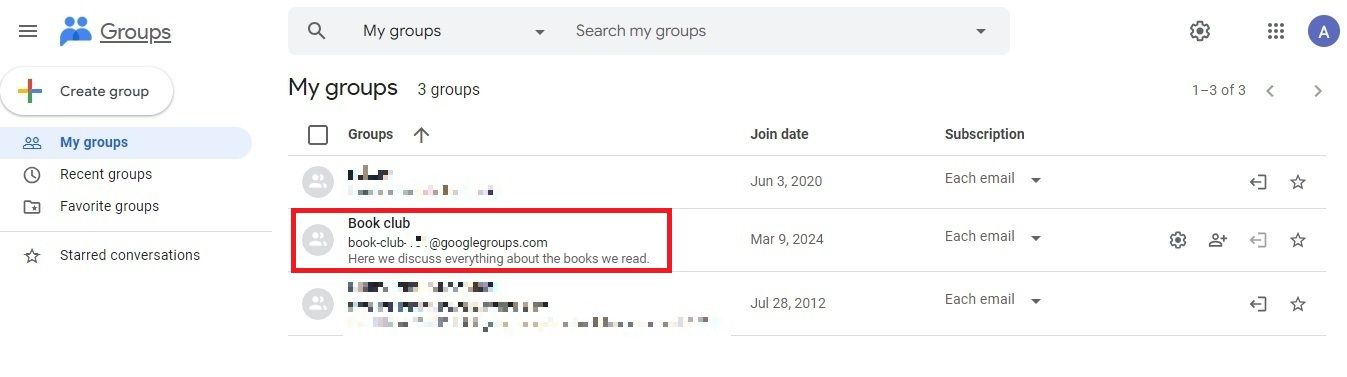 Screenshot highlighting the selected group in Google Groups