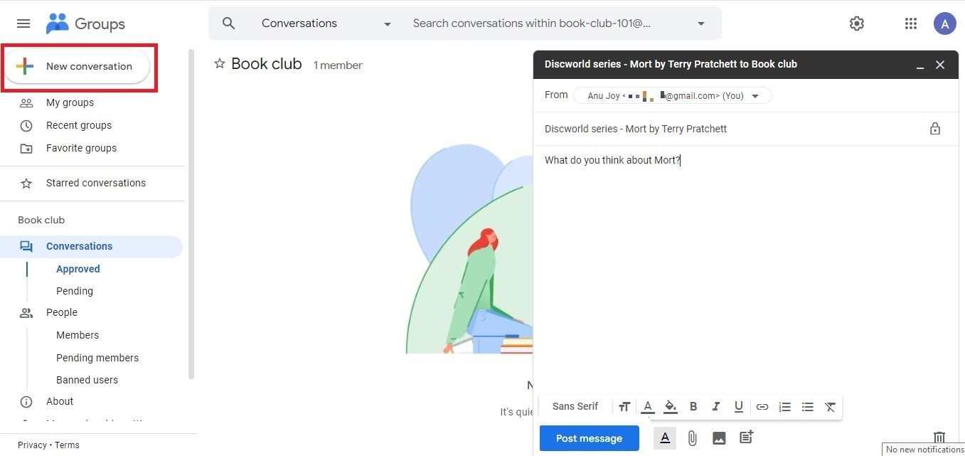 Screenshot highlighting 'New conversation' in Google Groups