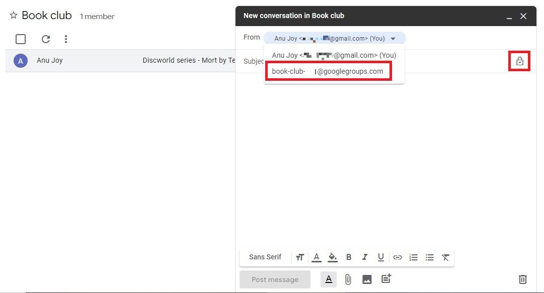 Screenshot highlighting the group name and lock icon in Google Groups