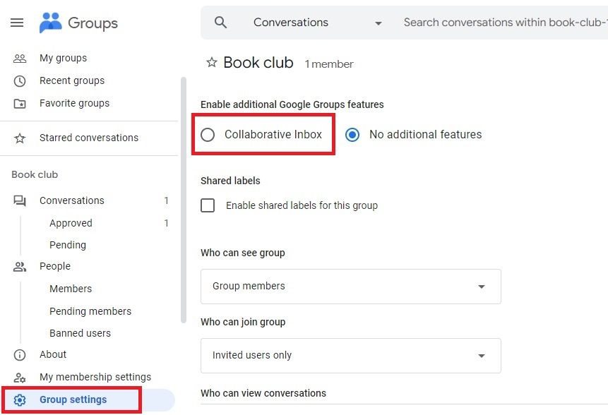 Screenshot highlighting the Collaboration Inbox option in Google Groups