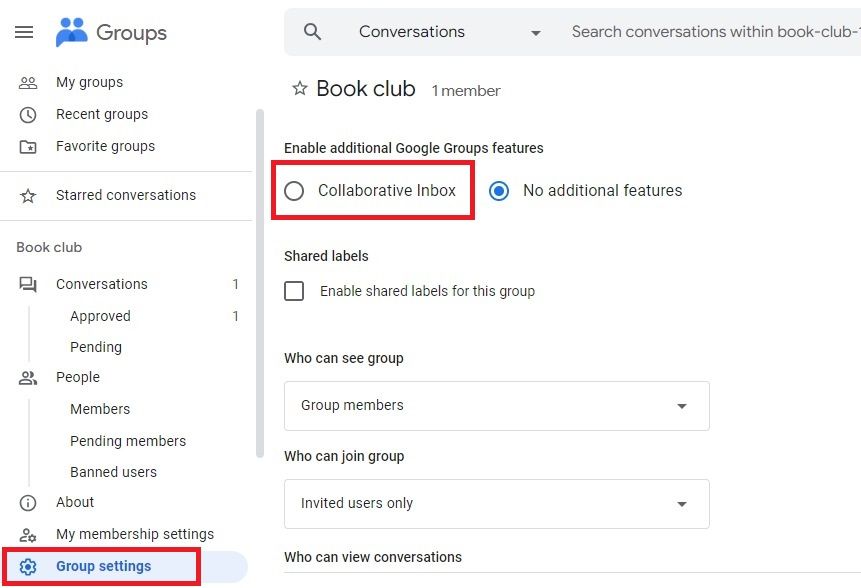 Screenshot highlighting the 'Collaborative inbox' option in Google Groups