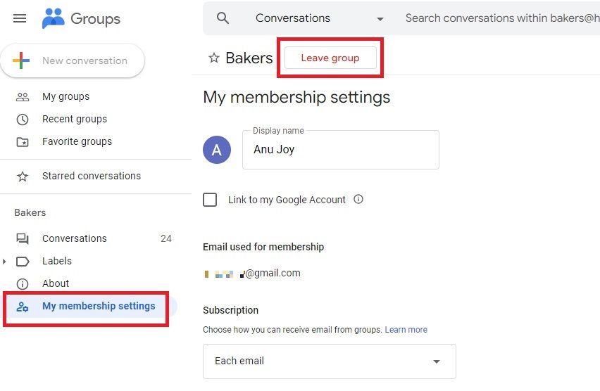 Screenshot highlighting the 'Leave group' option in Google Groups