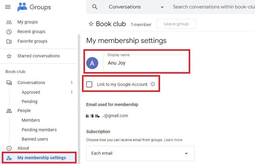 Screenshot highlighting the 'Link to my Google Account' option in Google Groups