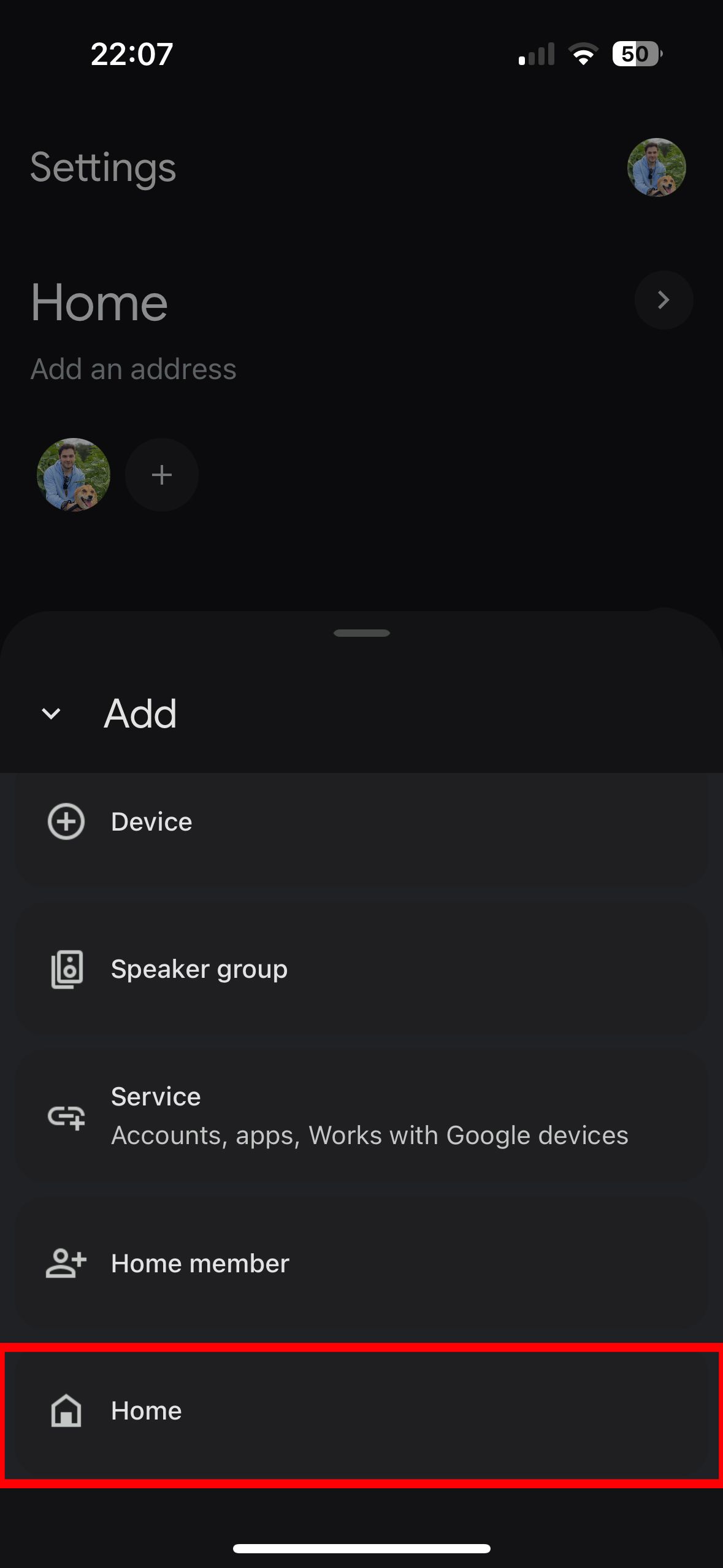 Screenshot showing the expanded 'Add' menu within the Google Home app settings, with options like Device, Speaker group, and Home member