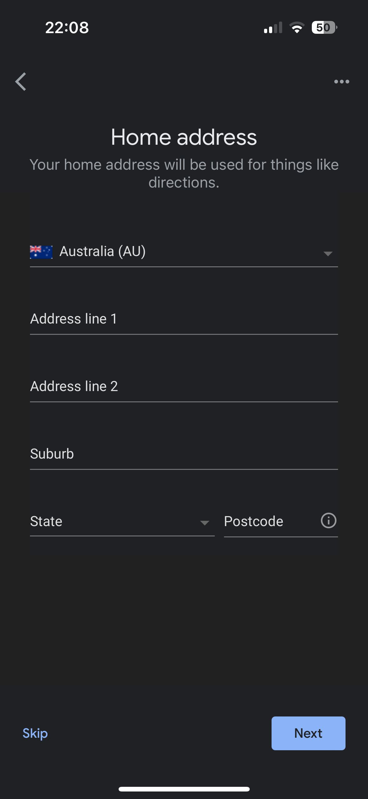 Screenshot of the Home address input screen in the Google Home app, with fields for entering address, suburb, state, and postcode for Australia