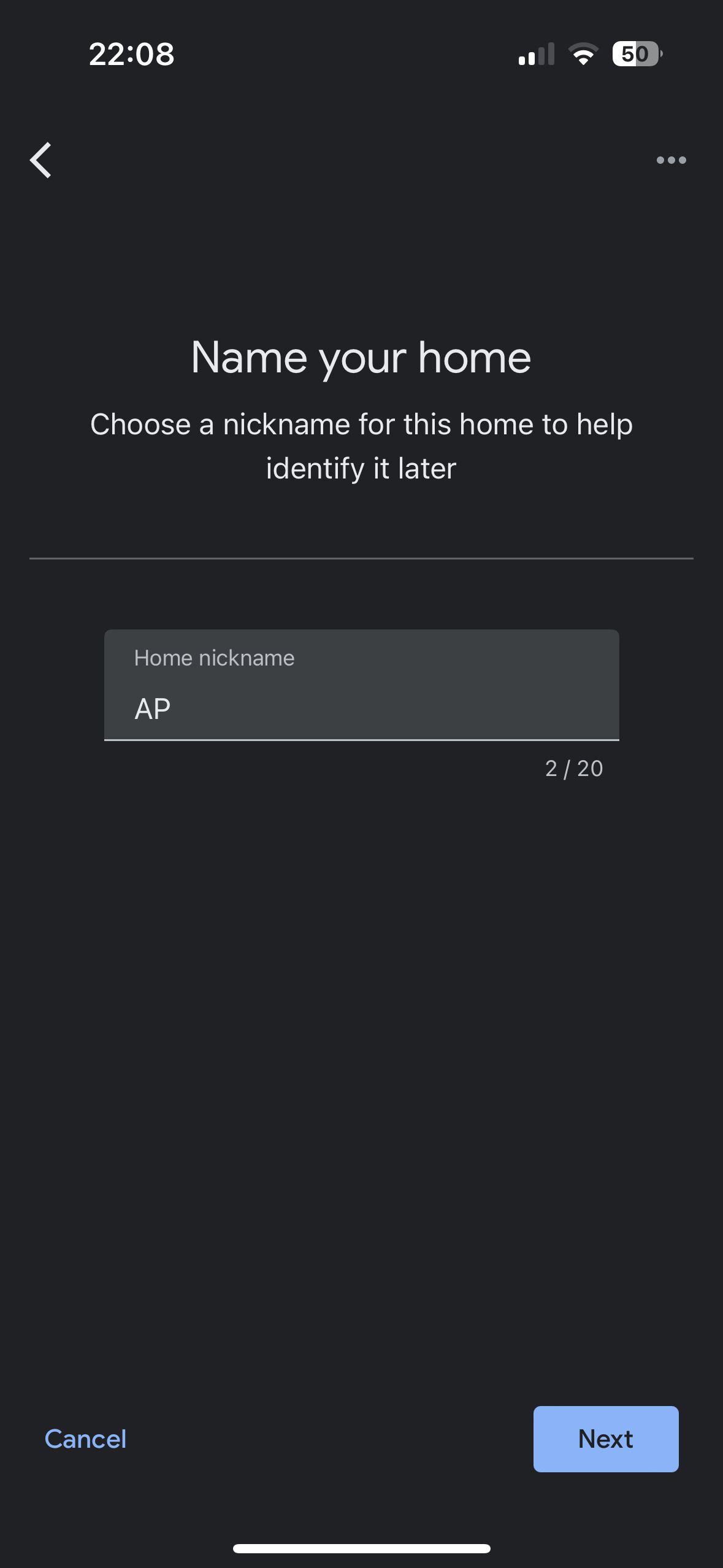 Screenshot of the 'Name your home' screen in the Google Home app, prompting the user to choose a nickname for their home