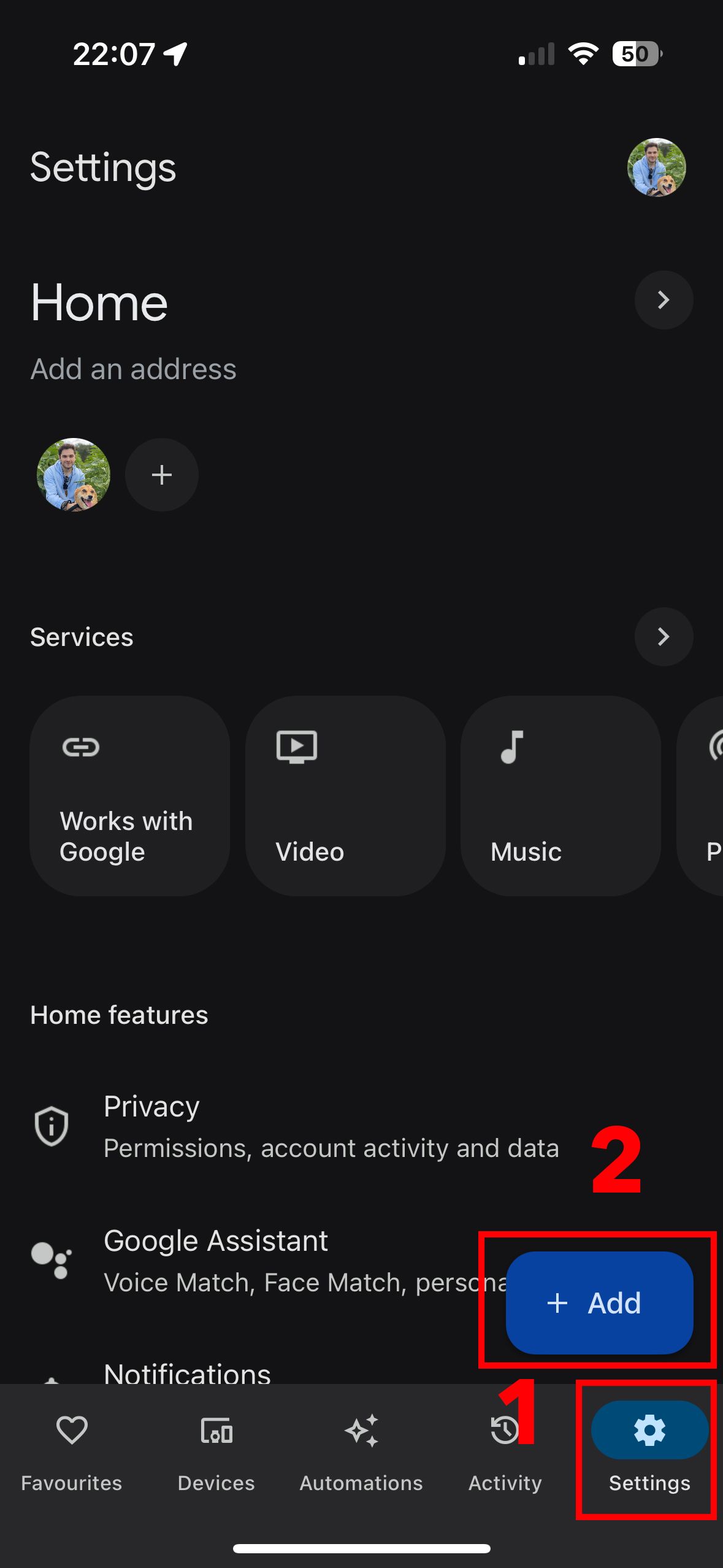 Screenshot of the Google Home app settings menu with an indicator pointing to the 'Settings' option and the '+' button to add new devices or services