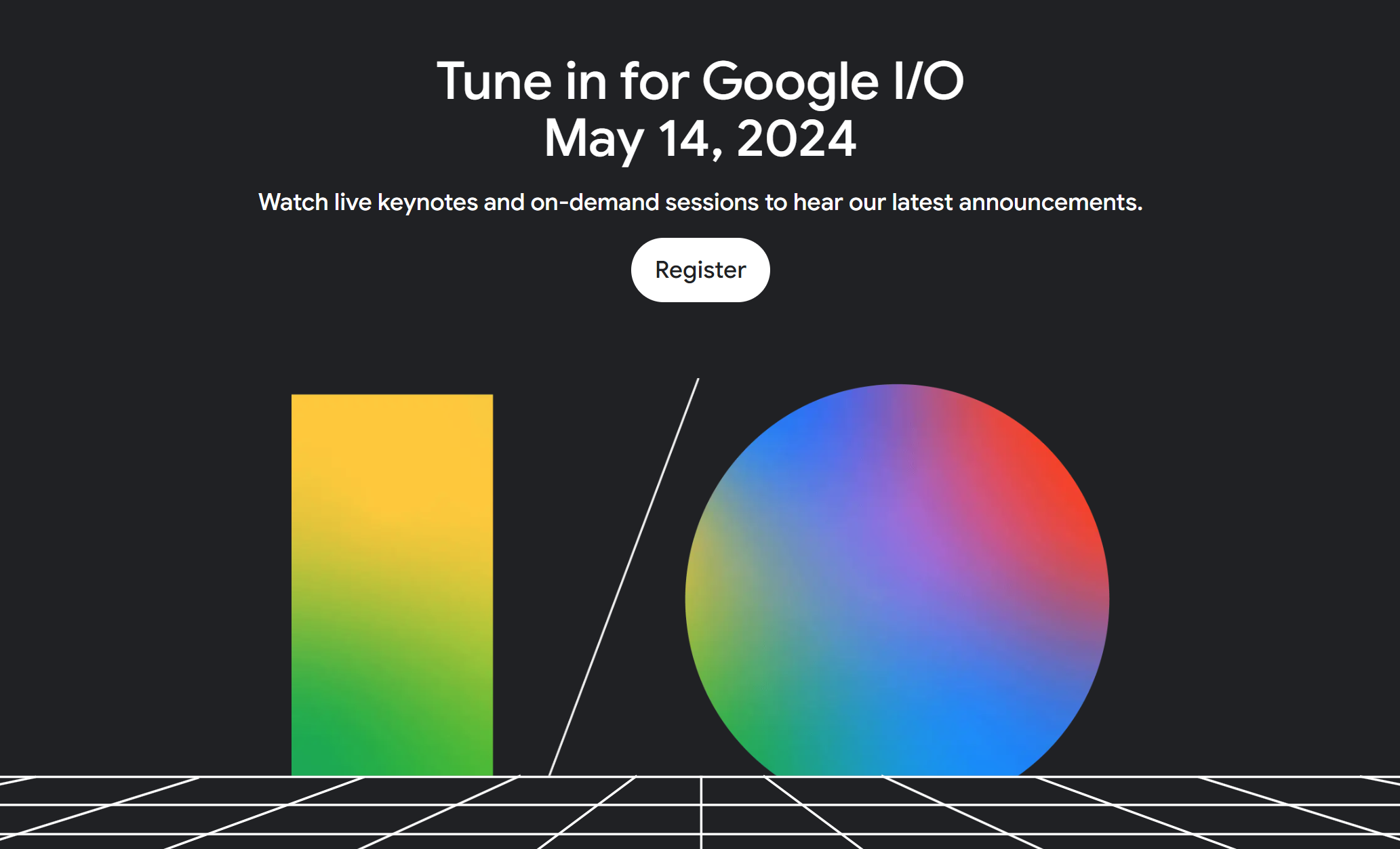 An invite to Google I/O 2024 with a large I/O logo and the date May 14th, 2024.