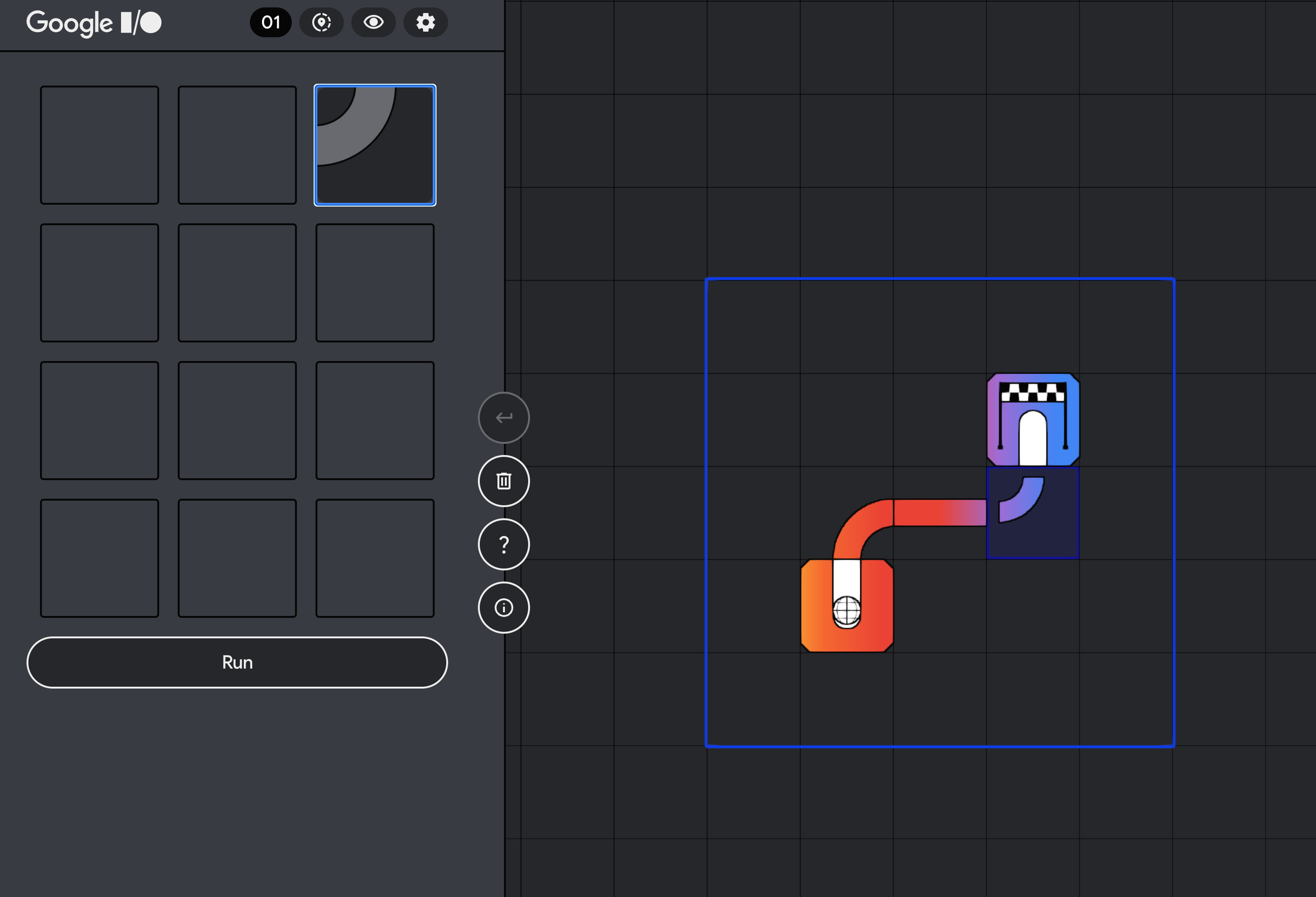 Screenshot of Google I/O 2024's date-reveal puzzle, showing the first level that involves placing tiles with lines and curves in a specific pattern on a grid to guide a ball to the finish line.