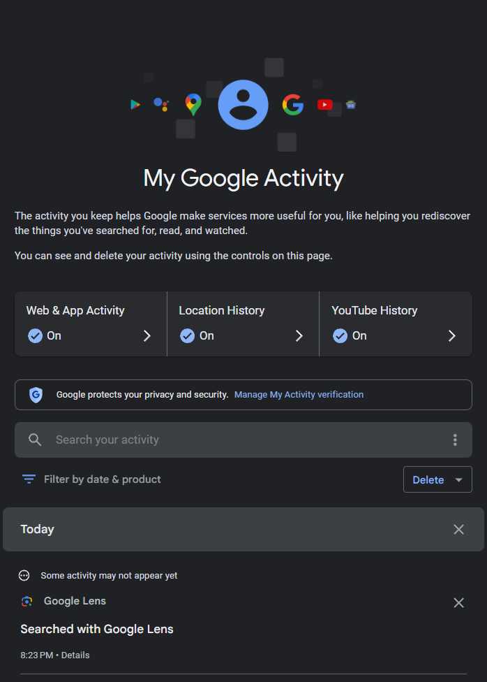 A screenshot of the Google Activity dashboard showing recent activity using Google Lens