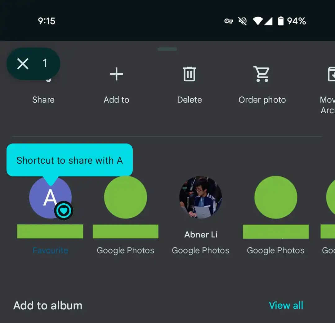 Screenshot of the new shortcut for sharing your favorite Google Photos