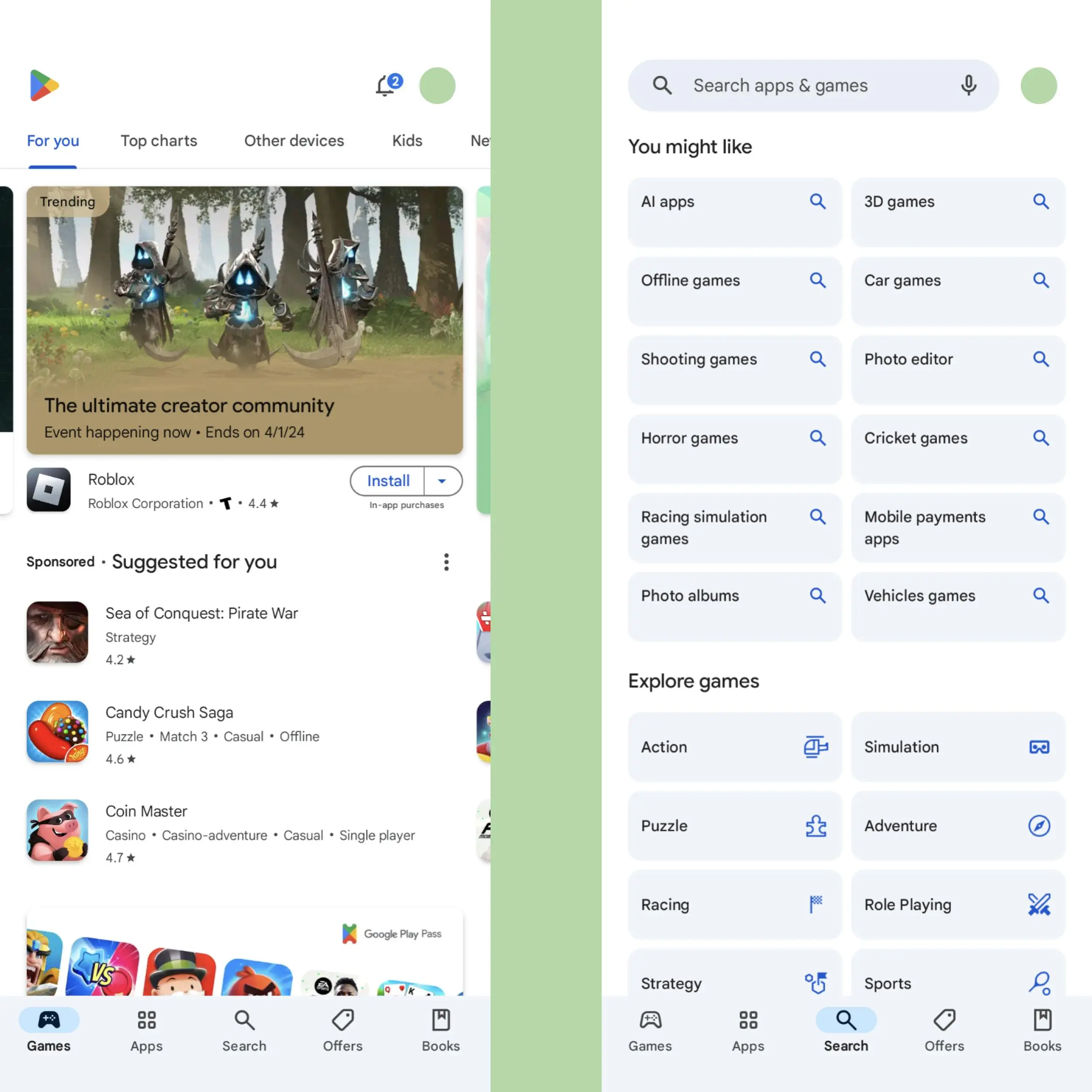Screenshots of the Google Play Store with a search tab