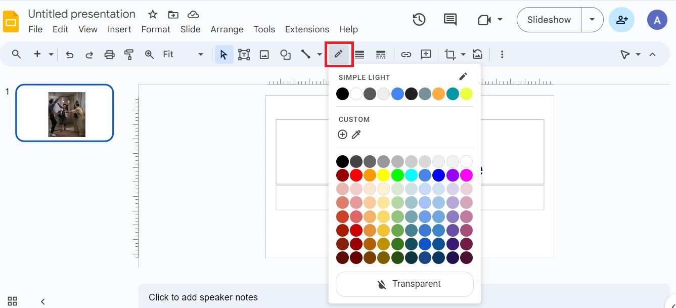 Screenshot highlighting the pencil icon in Google Slides