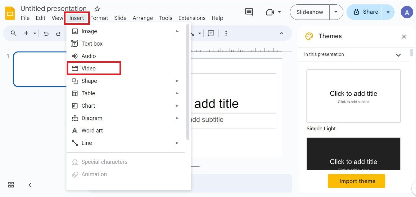 Screenshot highlighting the 'Video' option under the Insert menu in Google Slides