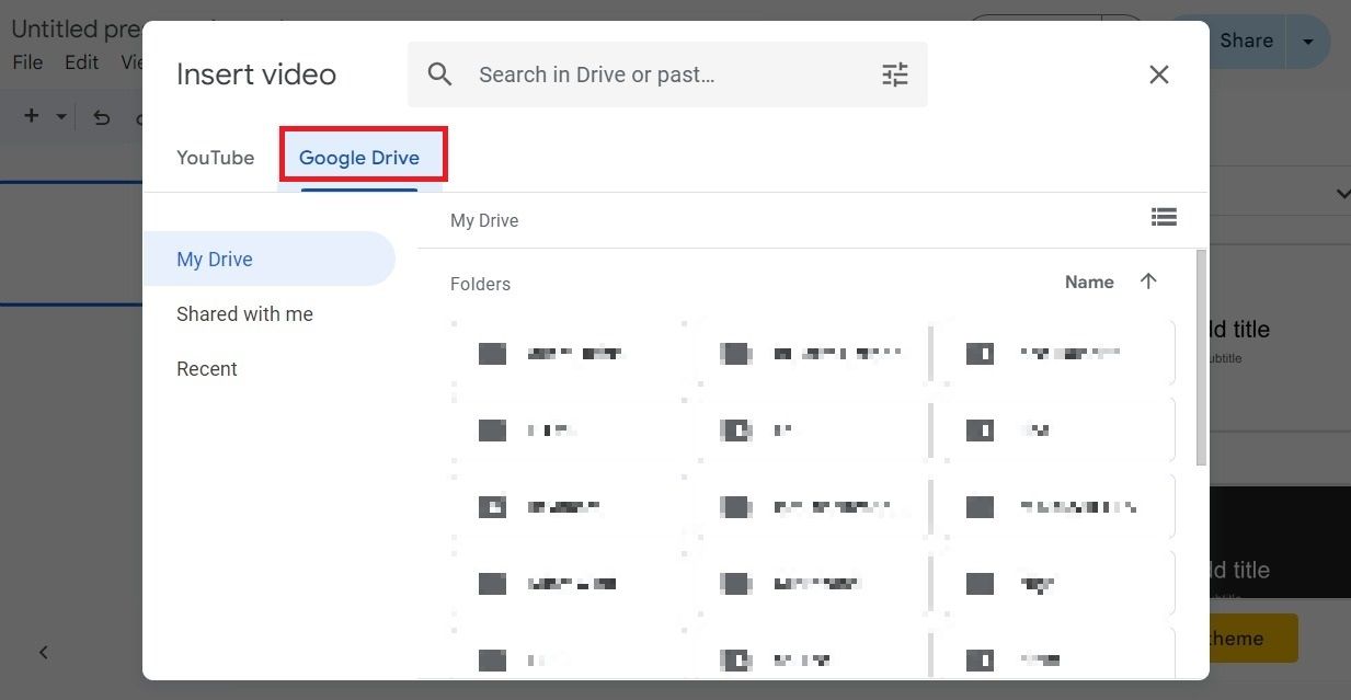 Screenshot highlighting the 'Google Drive' option in Google Slides