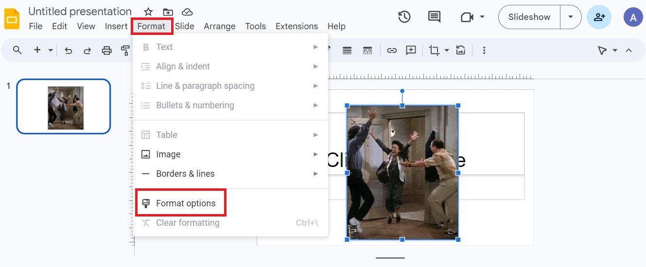 Screenshot highlighting 'Format options' under Format in Google Slides