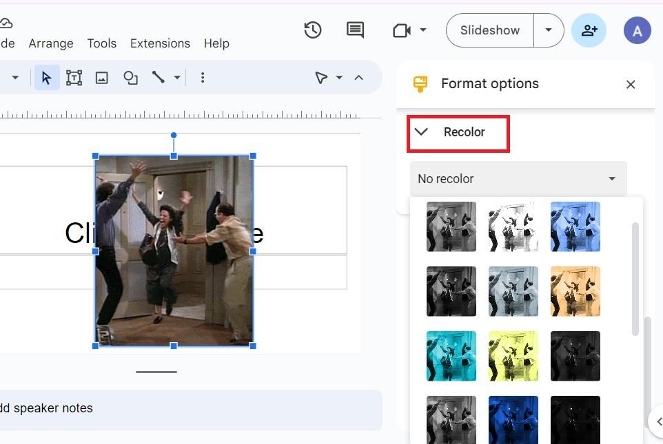 Screenshot highlighting 'Recolor' in Google Slides