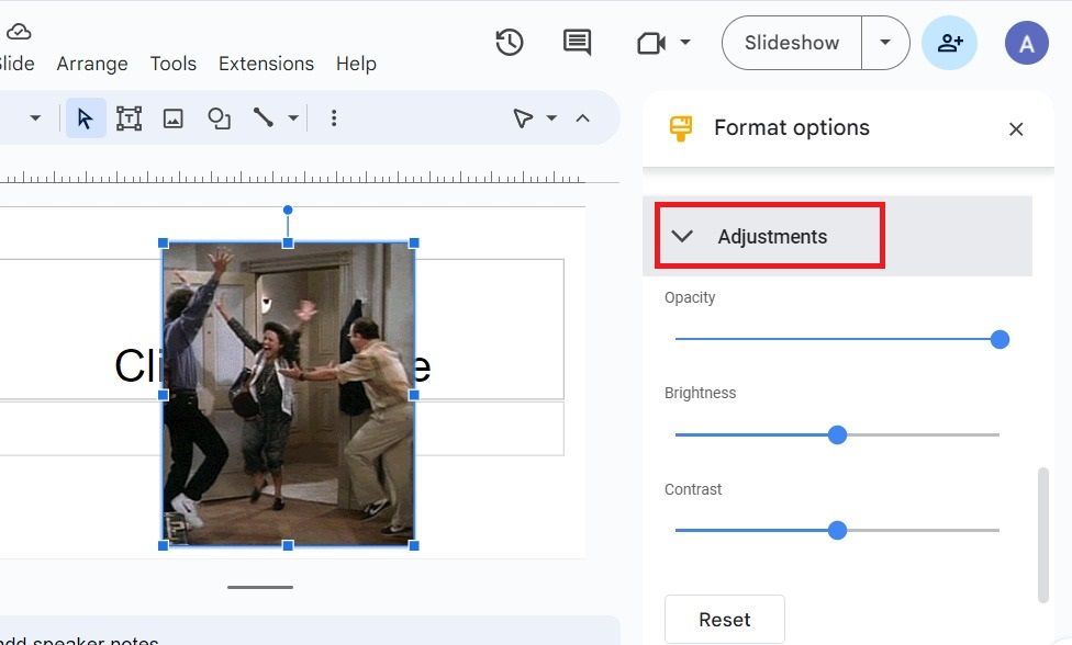 Screenshot highlighting 'Adjustments' in Google Slides