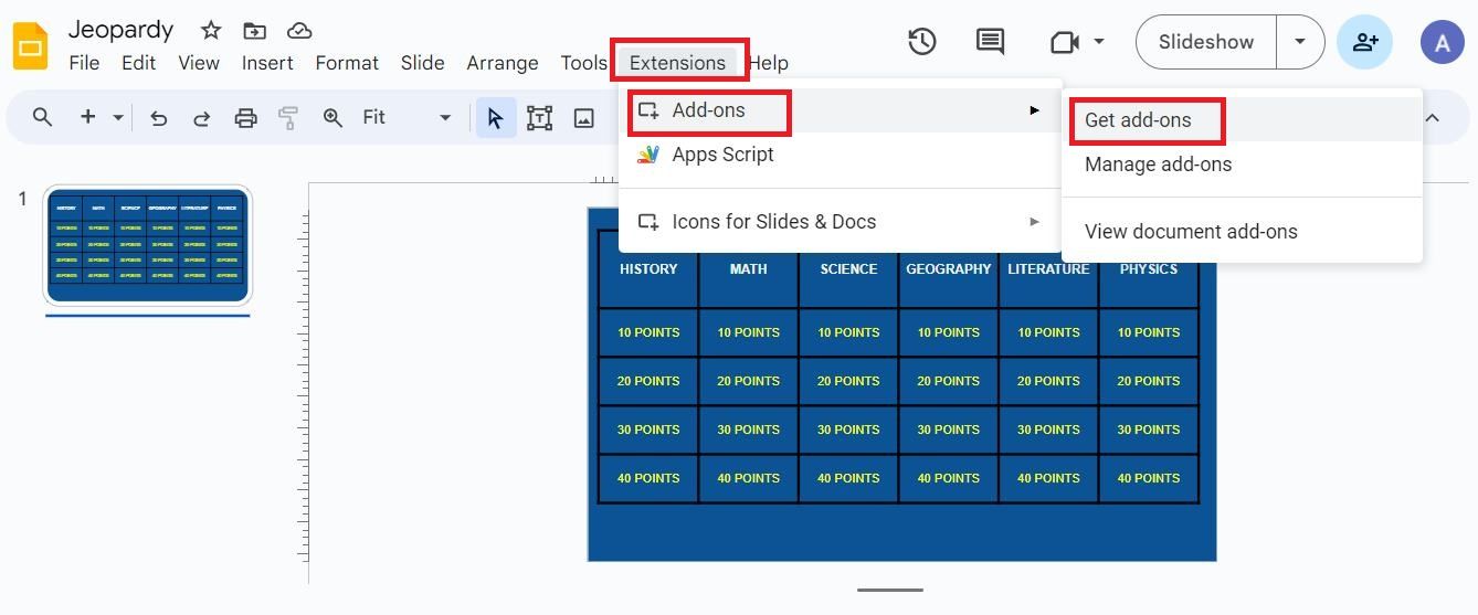 Screenshot highlighting the 'Get add-ons' option under Extensions in Google Slides