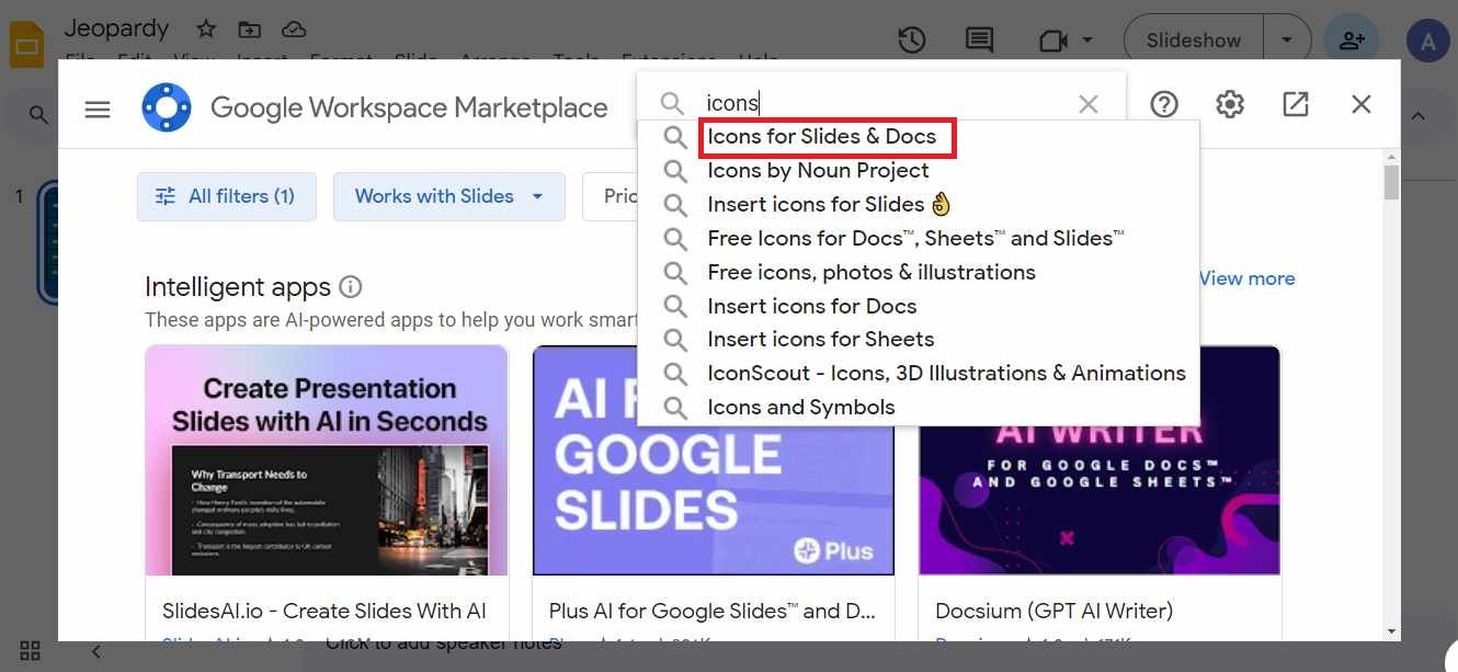 Screenshot highlighting 'Icons for Slides & Docs' in the Google Workspace Marketplace