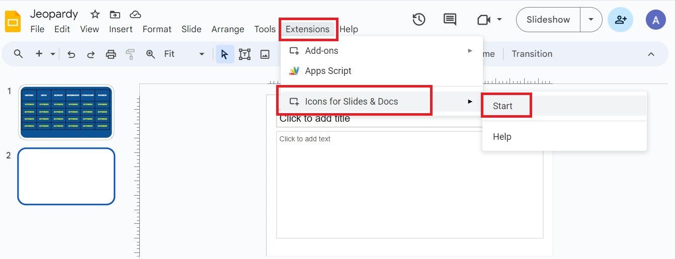 Screenshot highlighting the 'Start' option under Extensions in Google Slides