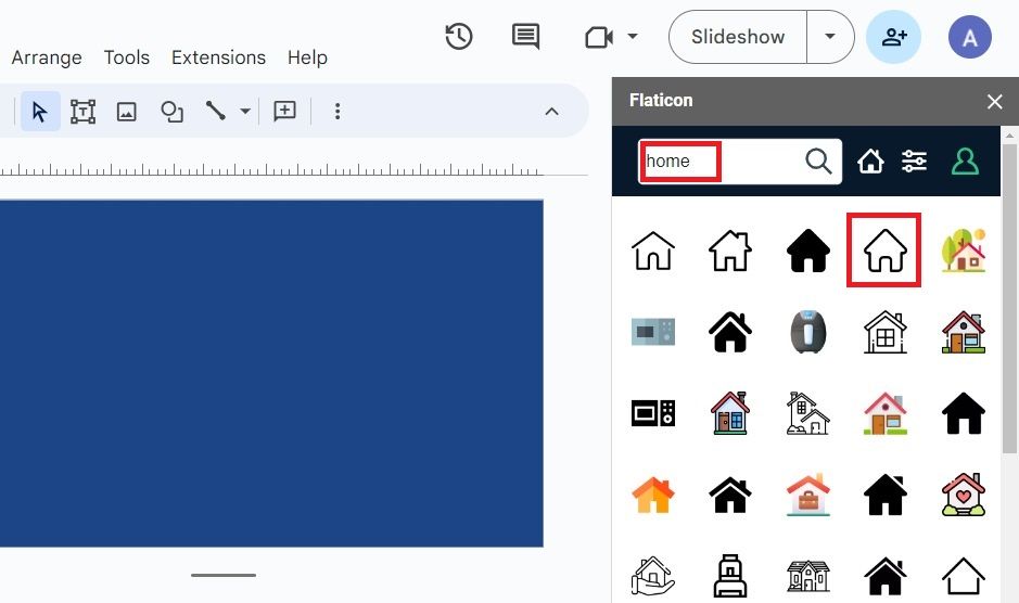 Screenshot highlighting the 'home' search term in Google Slides