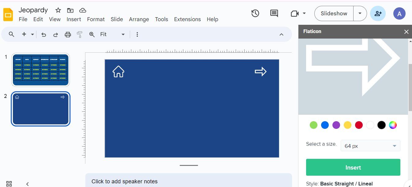 Screenshot showing the home and right-arrow icons in Google Slides