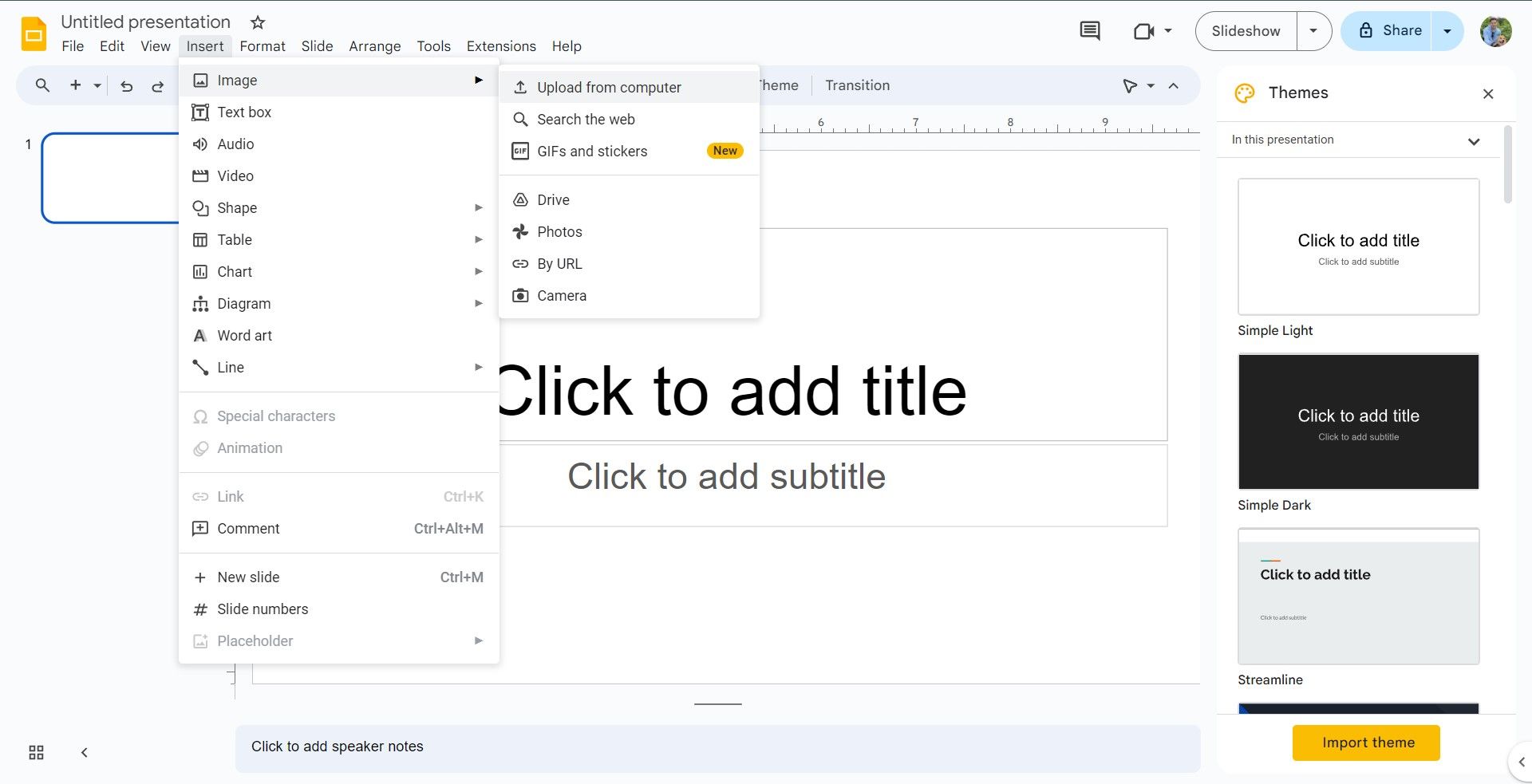 The image shows an open Google Slides presentation with a drop-down menu for inserting an image. There are several options available: upload from computer, search the web, Drive, Photos, by URL, Camera, and a new option for GIFs and stickers. 